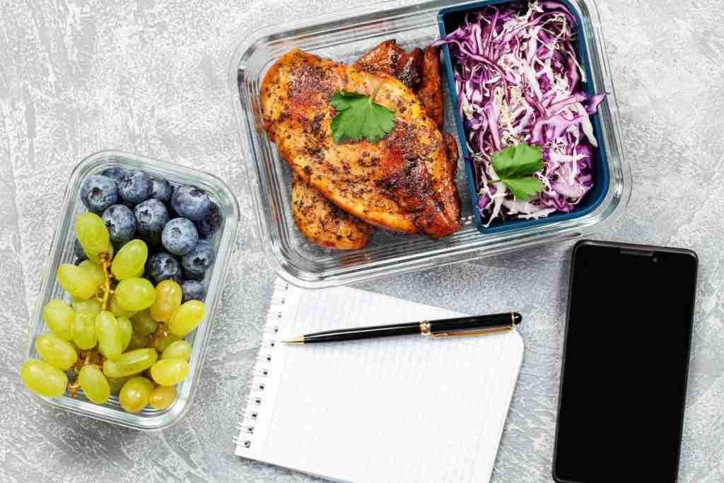 Image showing a lunch pack of grilled chicken, salad and fruits - awareness of breast cancer risks
