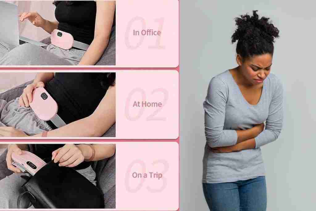 Young woman in pain with an image of Menstrual Heating Pad