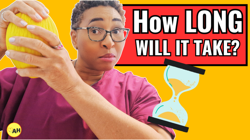 Youtube video Thumbnail- Dr Sylvia is squeezing a melon depicting a wish to shrink fibroids naturally, with an hourglass indicating time for the process to happen