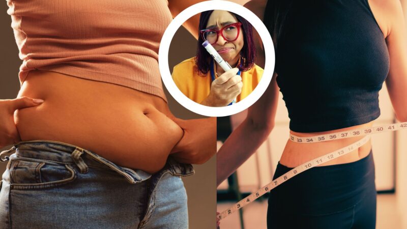 Image woman trying to get into tight jeans with stubborn belly fat in a split screen with a slim woman holding measuring tape against he waist; doctor in the insert holding Mounjaro with a puzzled look depicting Mounjaro-for-Menopause-Weight-Gain