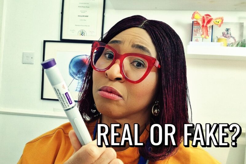 Female doctor in yellow scrubs and red glasses holding Mounjaro pen looking skeptical. One of the challenges when you buy Mounjaro privately in the UK is fake pens online