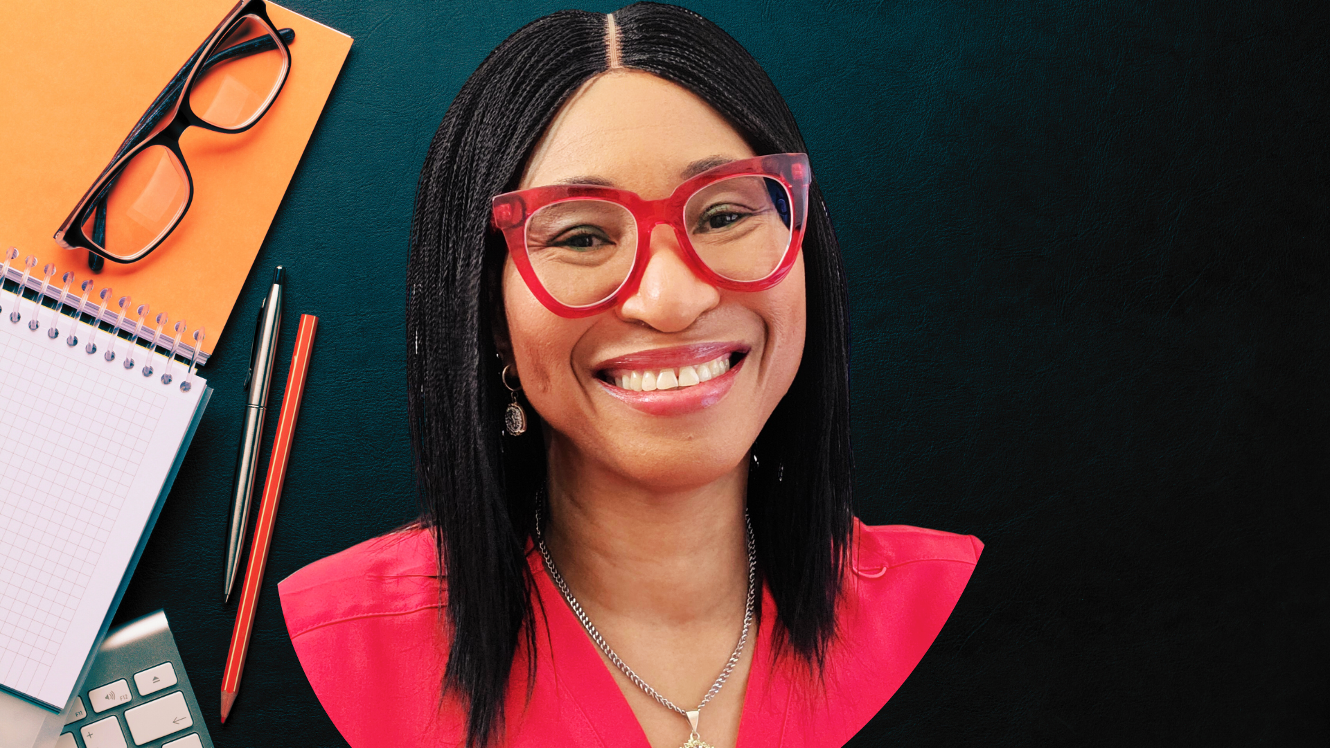 Smiling lady of African heritage in red top and bright red glasses identified as Dr Sylvia, Founder Askawayhealth