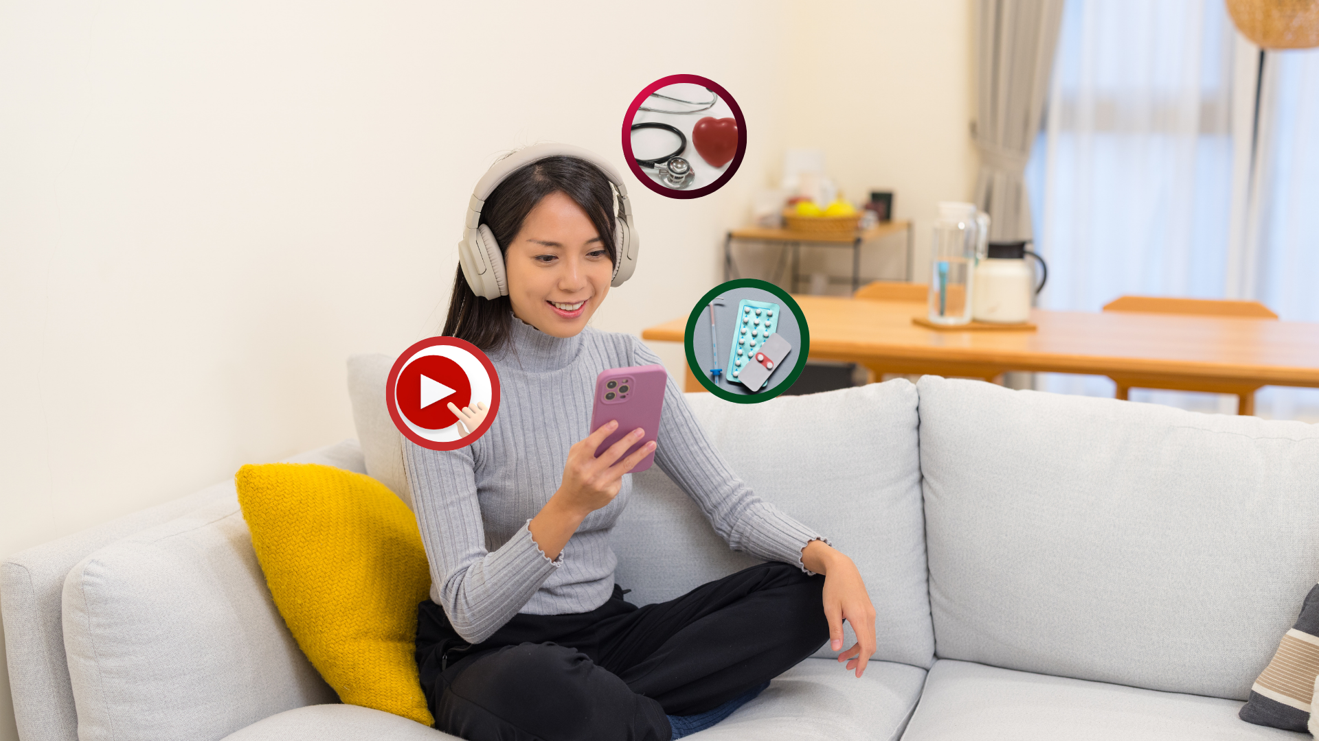 Woman on sofa with headphones, phone, floating icons watching Askawayhealth video resources to learn about her body