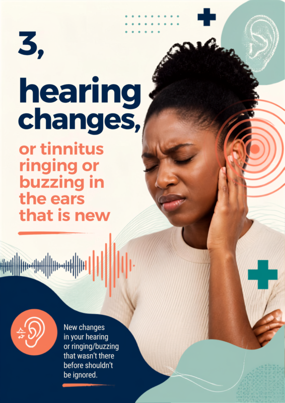 black woman with her hand against her ear and grimacing: possible signs of a brain tumour can include hearing changes 